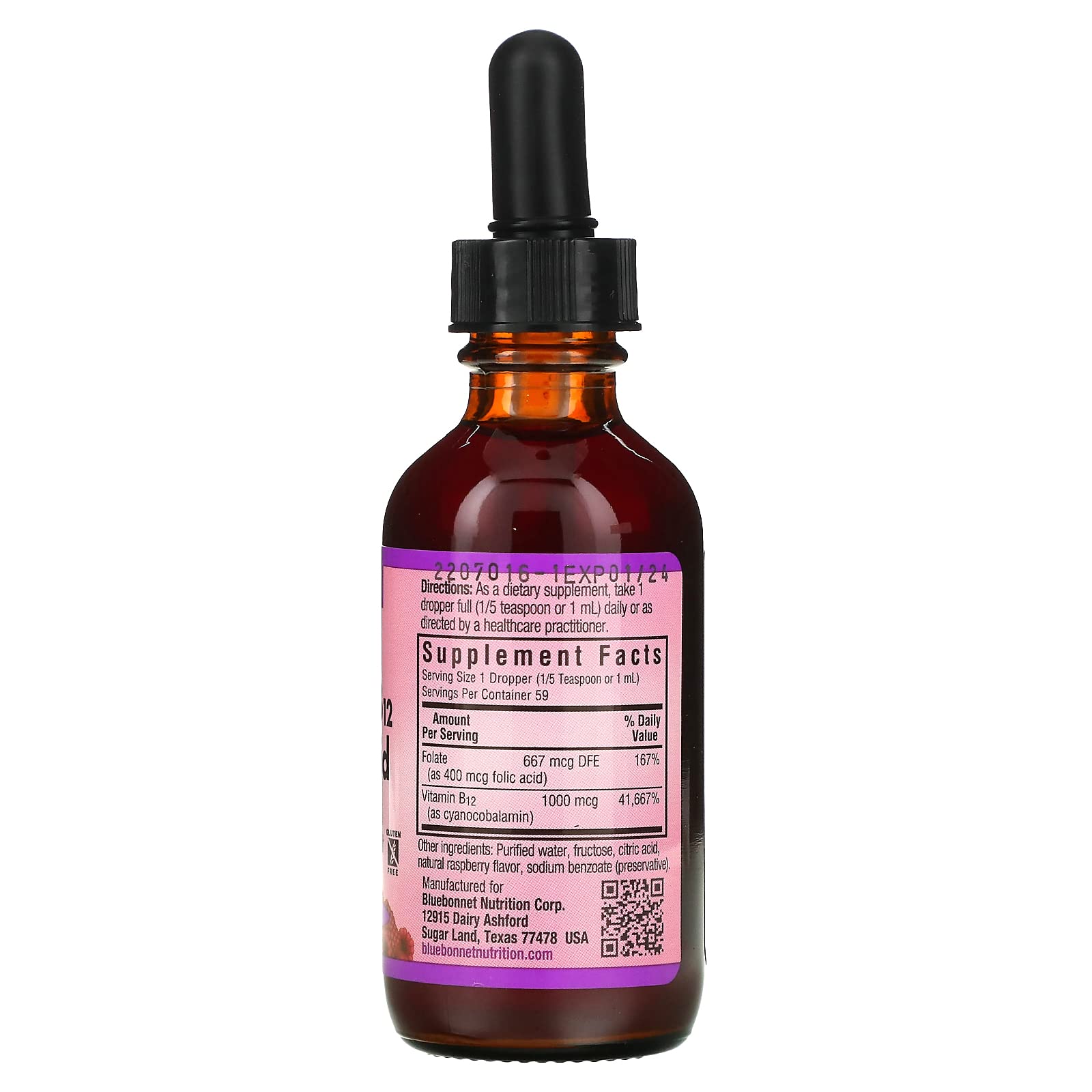 Back label of Bluebonnet Nutrition Liquid Vitamin B12 & Folic Acid bottle with supplement facts