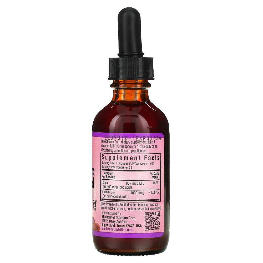Back label of Bluebonnet Nutrition Liquid Vitamin B12 & Folic Acid bottle with supplement facts
