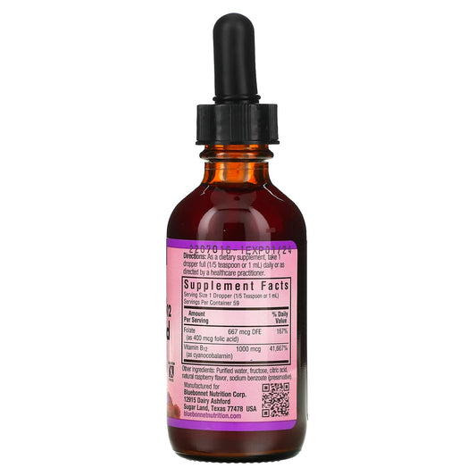 Back label of Bluebonnet Nutrition Liquid Vitamin B12 & Folic Acid bottle with supplement facts