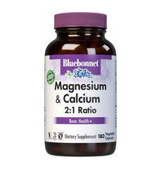 Bluebonnet Magnesium & Calcium 2:1 Ratio bottle and capsules