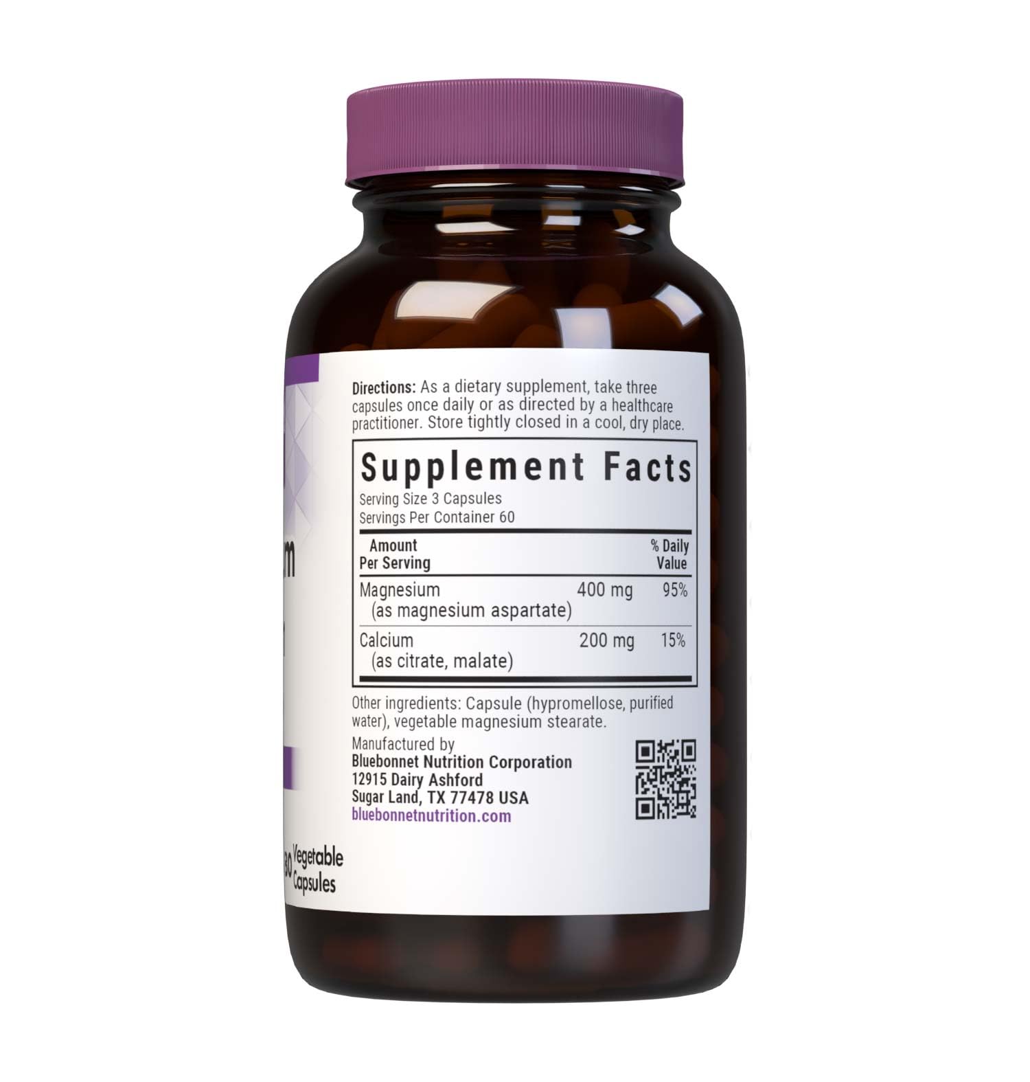 Capsules showing 180 vegetable capsules for Bluebonnet Magnesium & Calcium 2:1 Ratio