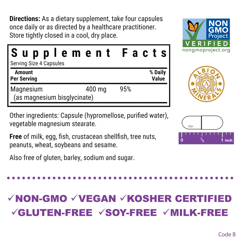 Back view of Bluebonnet Magnesium Glycinate 400mg bottle showing nutrition facts
