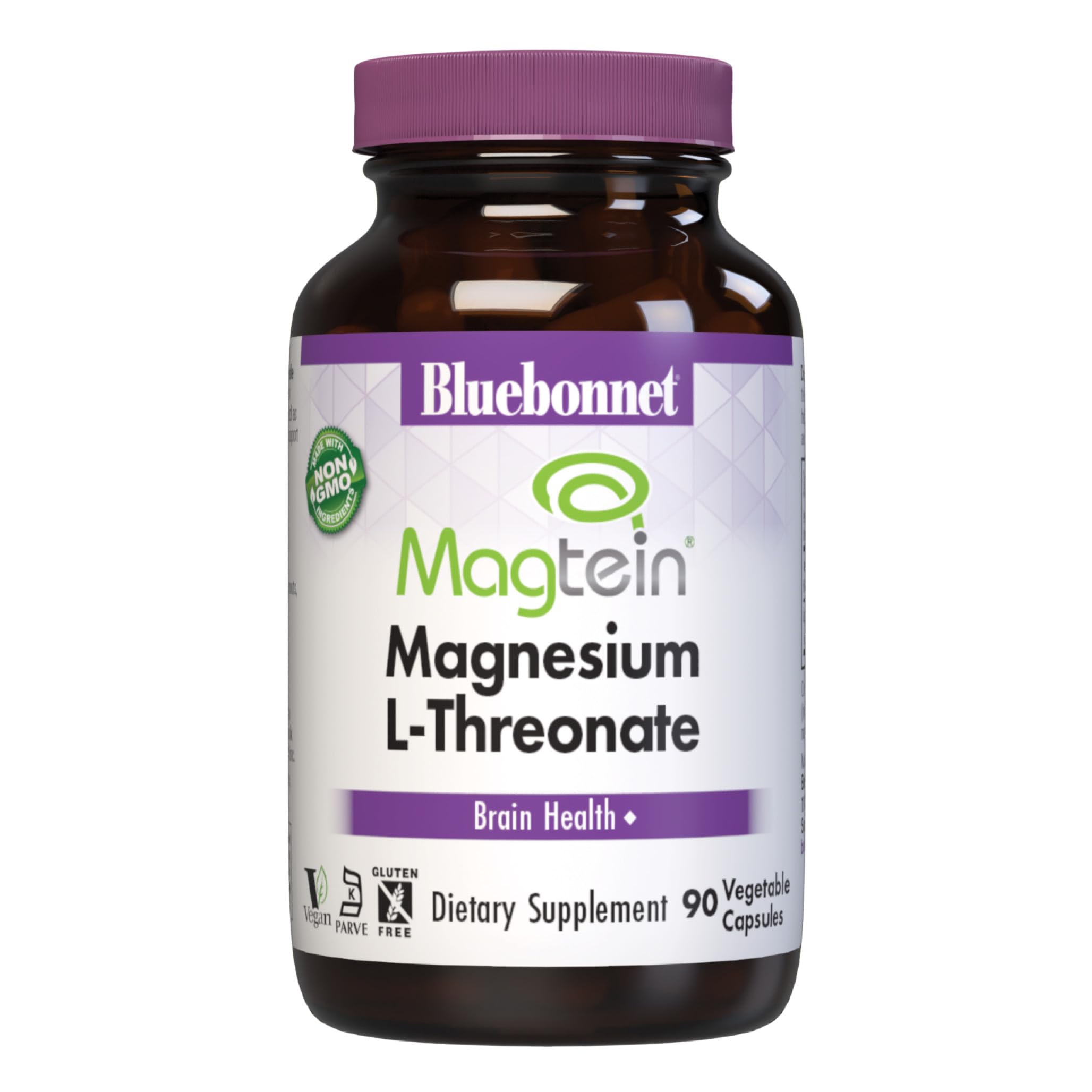 Bluebonnet Magtein Magnesium L-Threonate bottle label highlighting Brain Health
