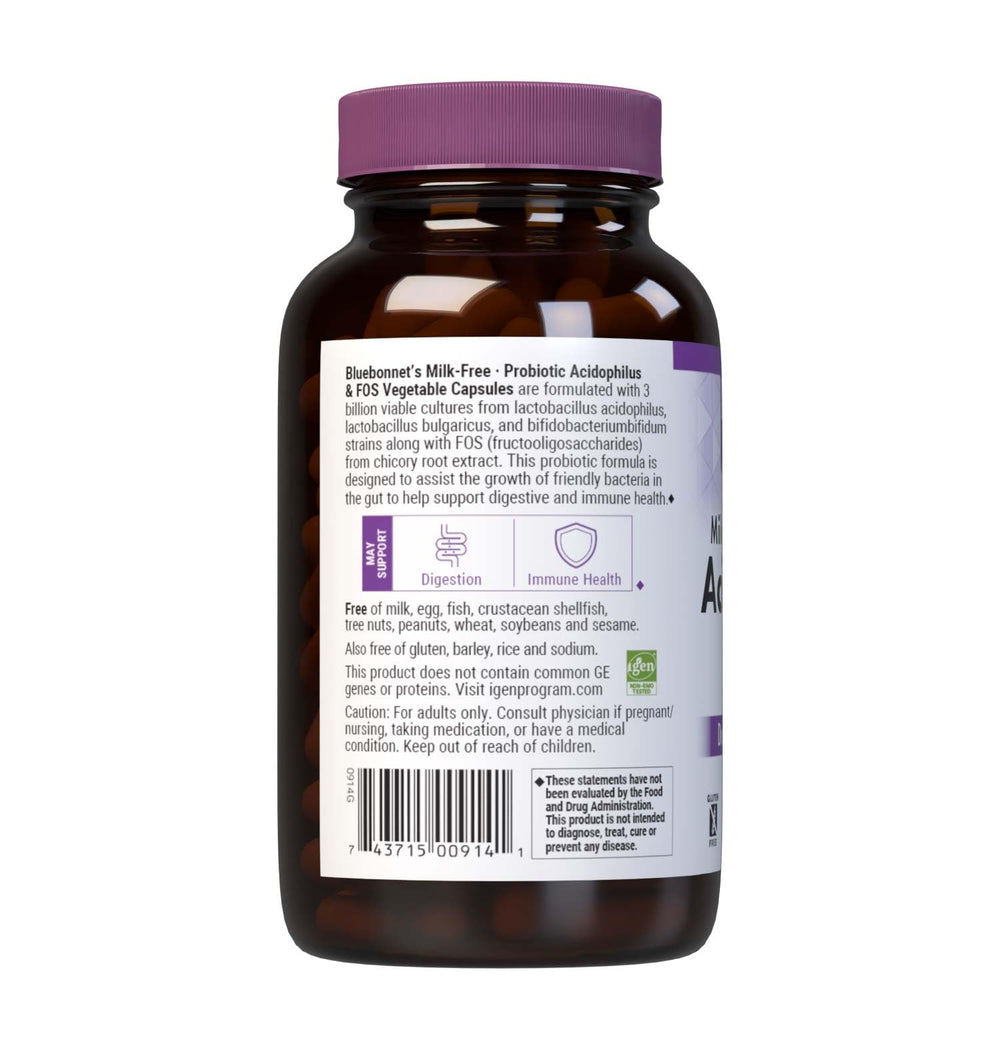Bluebonnet Milk-Free Probiotic Acidophilus & FOS capsules in bottle