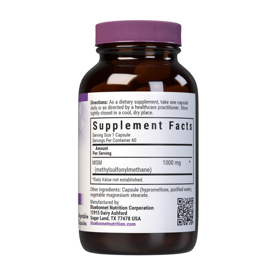 BlueBonnet MSM Supplement bottle label and capsules