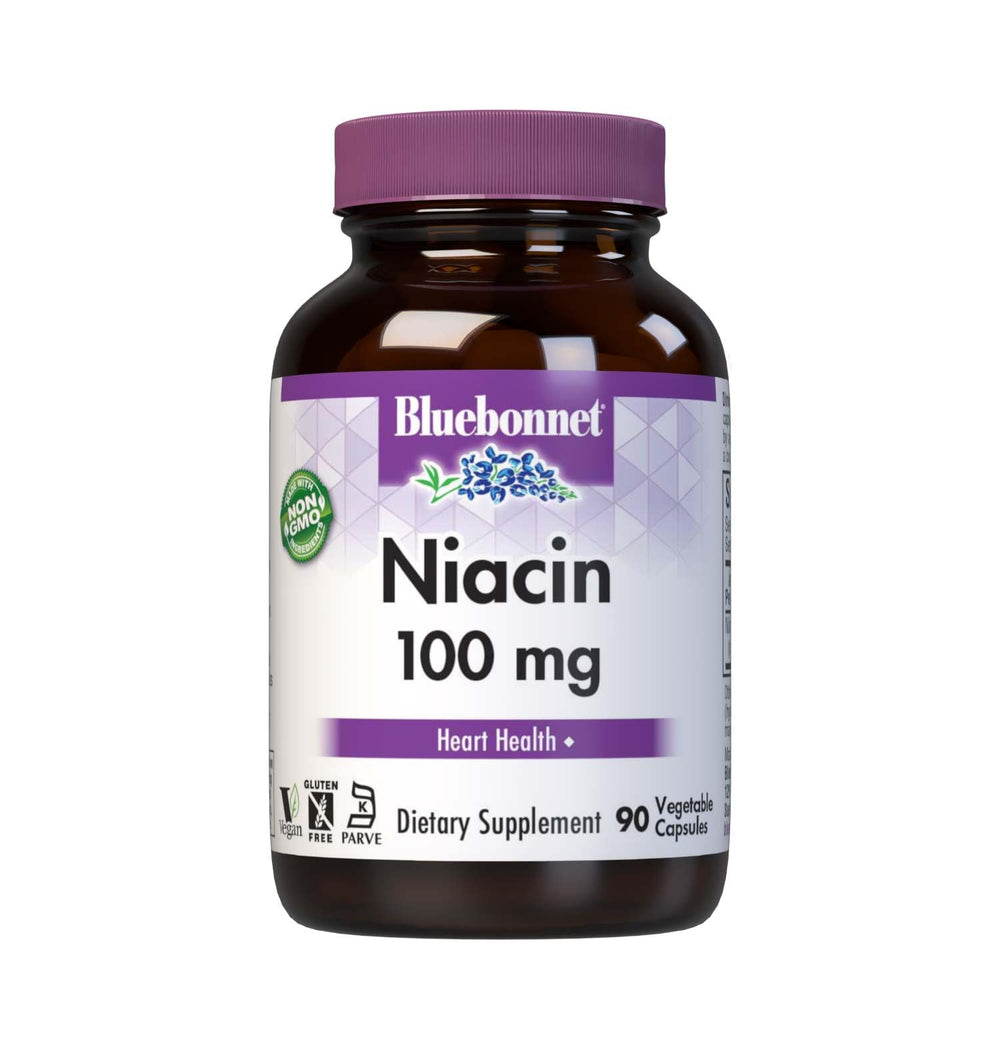 Bottle of Bluebonnet Niacin 100mg Vitamin B3 with heart health label