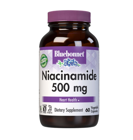 Bluebonnet Niacinamide 500mg bottle with 60 capsules for heart health support, vegan and gluten-free.