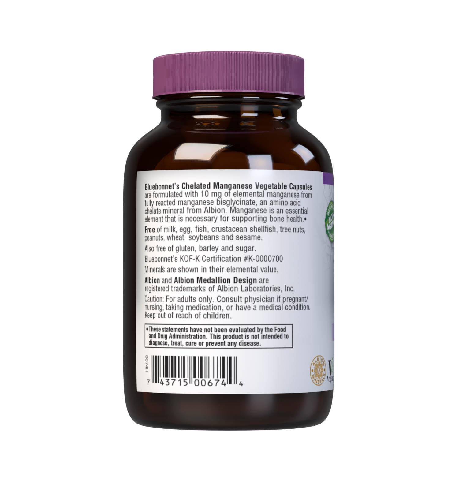 Ingredients label for BlueBonnet Albion Chelated Manganese supplement