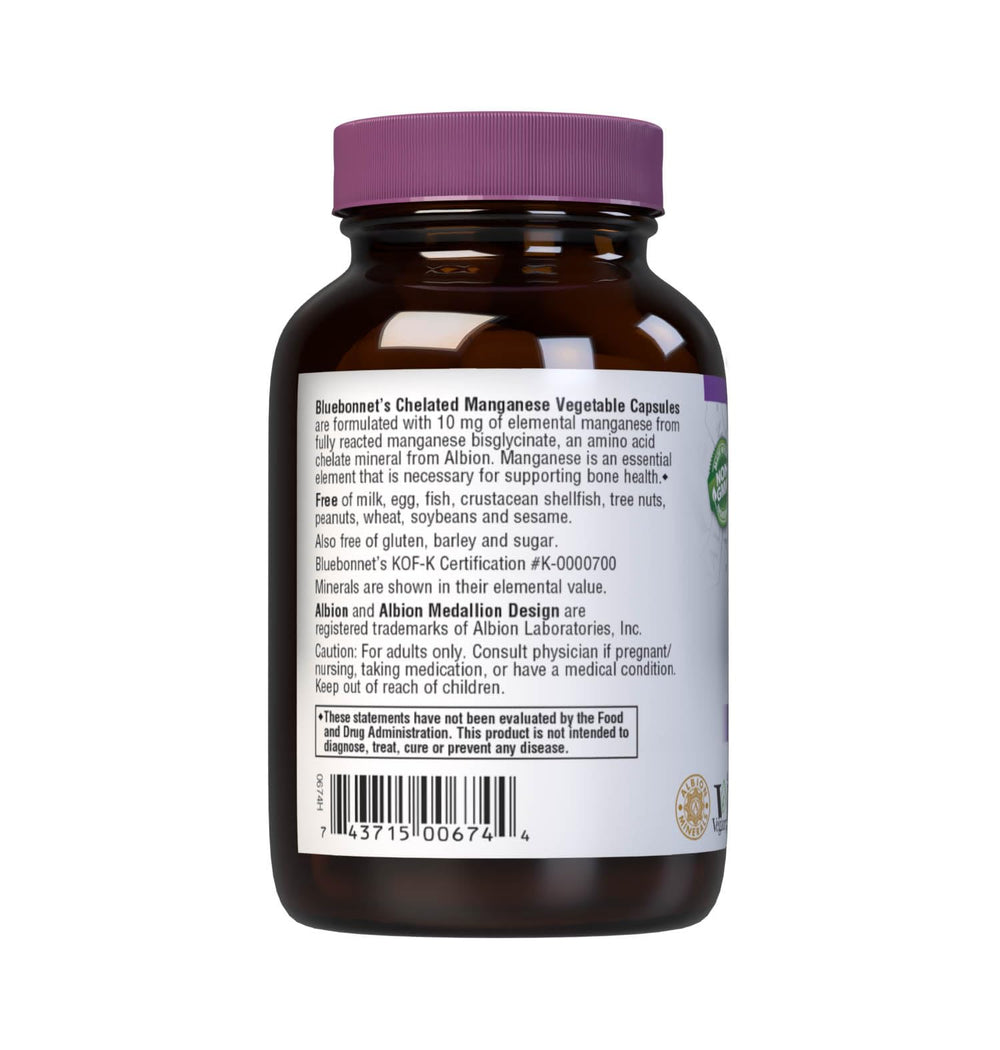 Ingredients label for BlueBonnet Albion Chelated Manganese supplement
