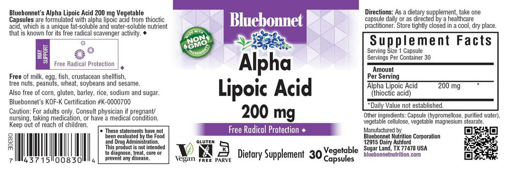 Bottle of Alpha Lipoic Acid 200 mg with 30 vegan capsules