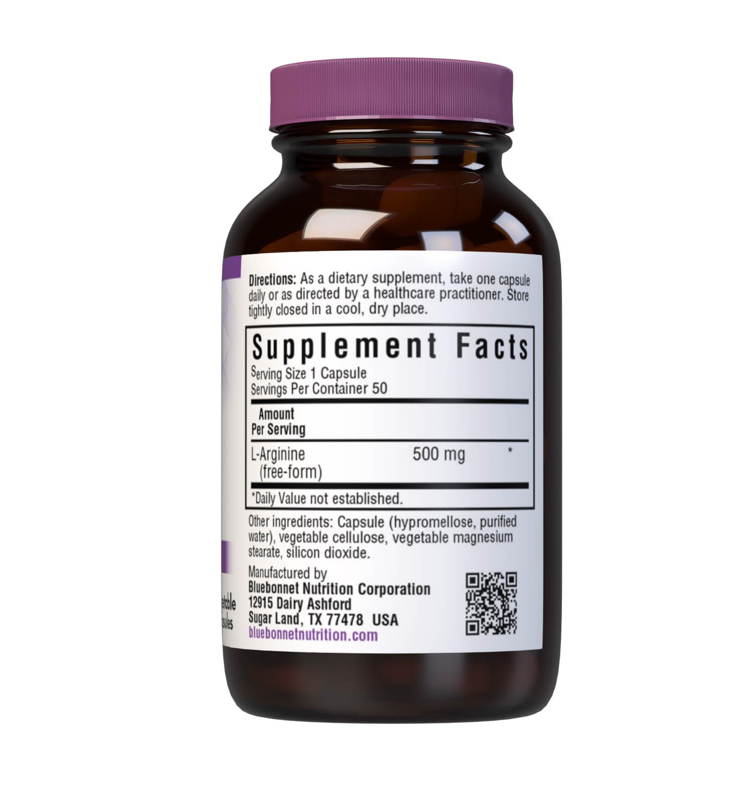 Close-up of Bluebonnet L-Arginine 500 mg bottle label showing Ajipure from Ajinomoto