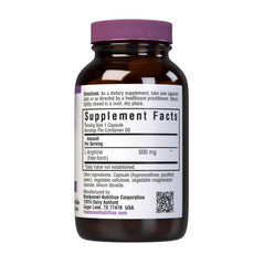 Close-up of Bluebonnet L-Arginine 500 mg bottle label showing Ajipure from Ajinomoto