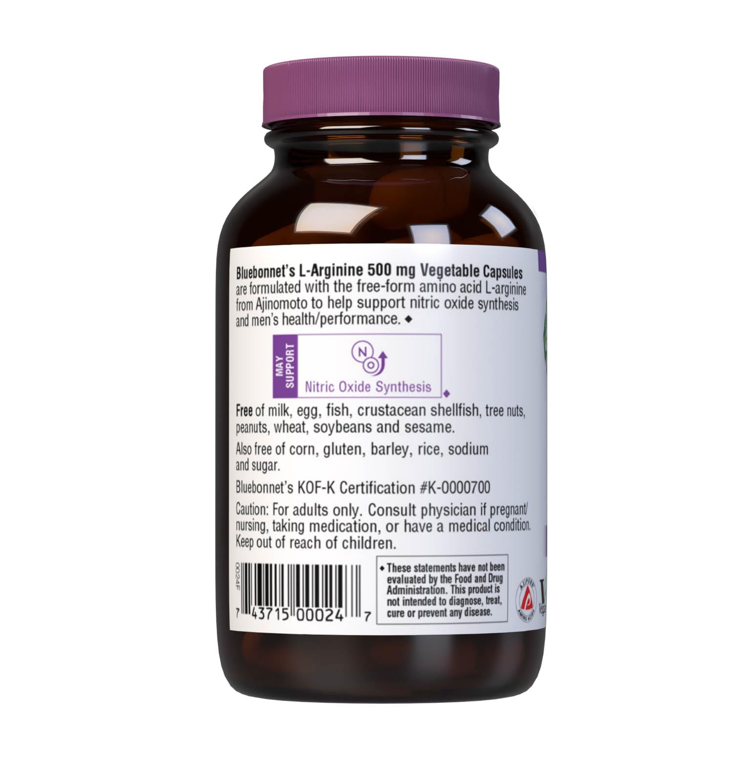 Bluebonnet Nutrition L-Arginine 500 mg ingredients and allergen-free icons with 50 servings