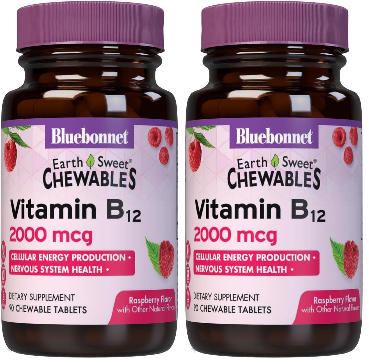BlueBonnet Nutrition Earth Sweet Vitamin B12 2000 mcg Raspberry Chewables bottle front