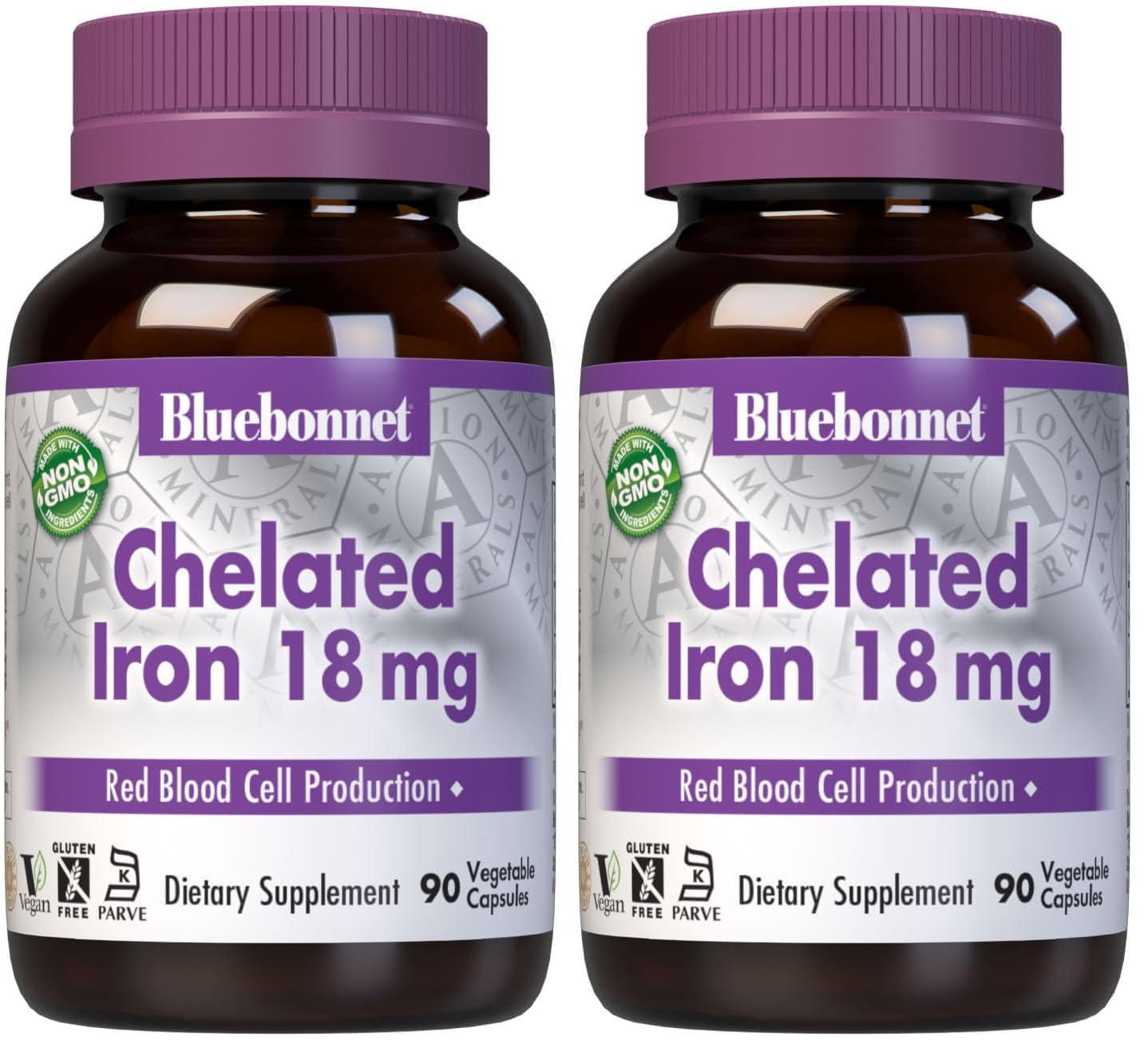 Bluebonnet Nutrition Chelated Iron 18 mg bottle with 90 vegan capsules
