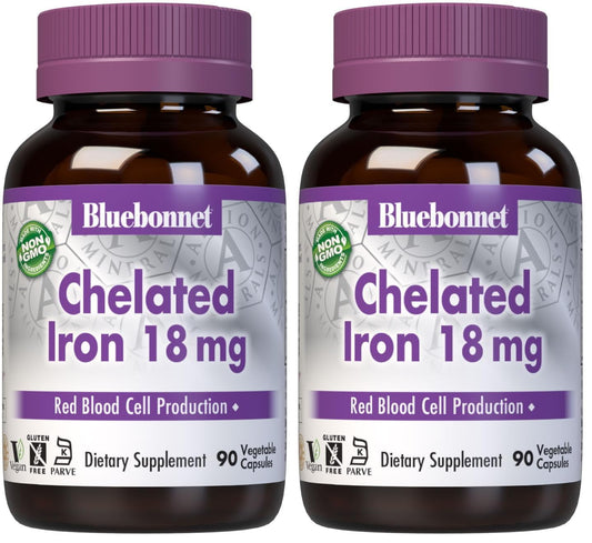 Bluebonnet Nutrition Chelated Iron 18 mg bottle with 90 vegan capsules