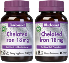 Bluebonnet Nutrition Chelated Iron 18 mg bottle with 90 vegan capsules