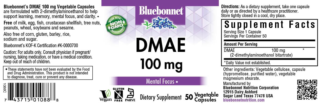 DMAE 100 mg capsules with Bluebonnet Nutrition label