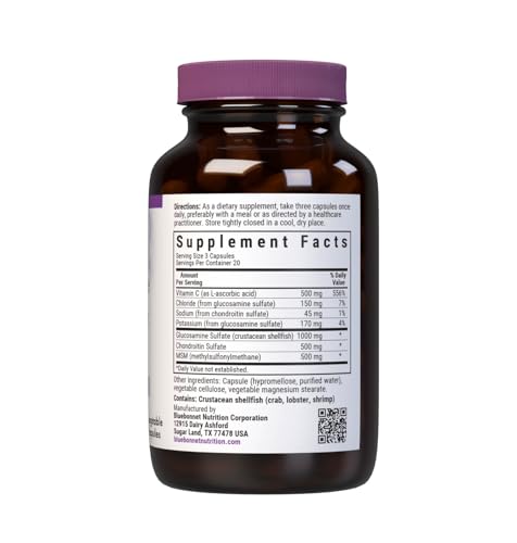 Product label for Bluebonnet Glucosamine Chondroitin MSM supplement