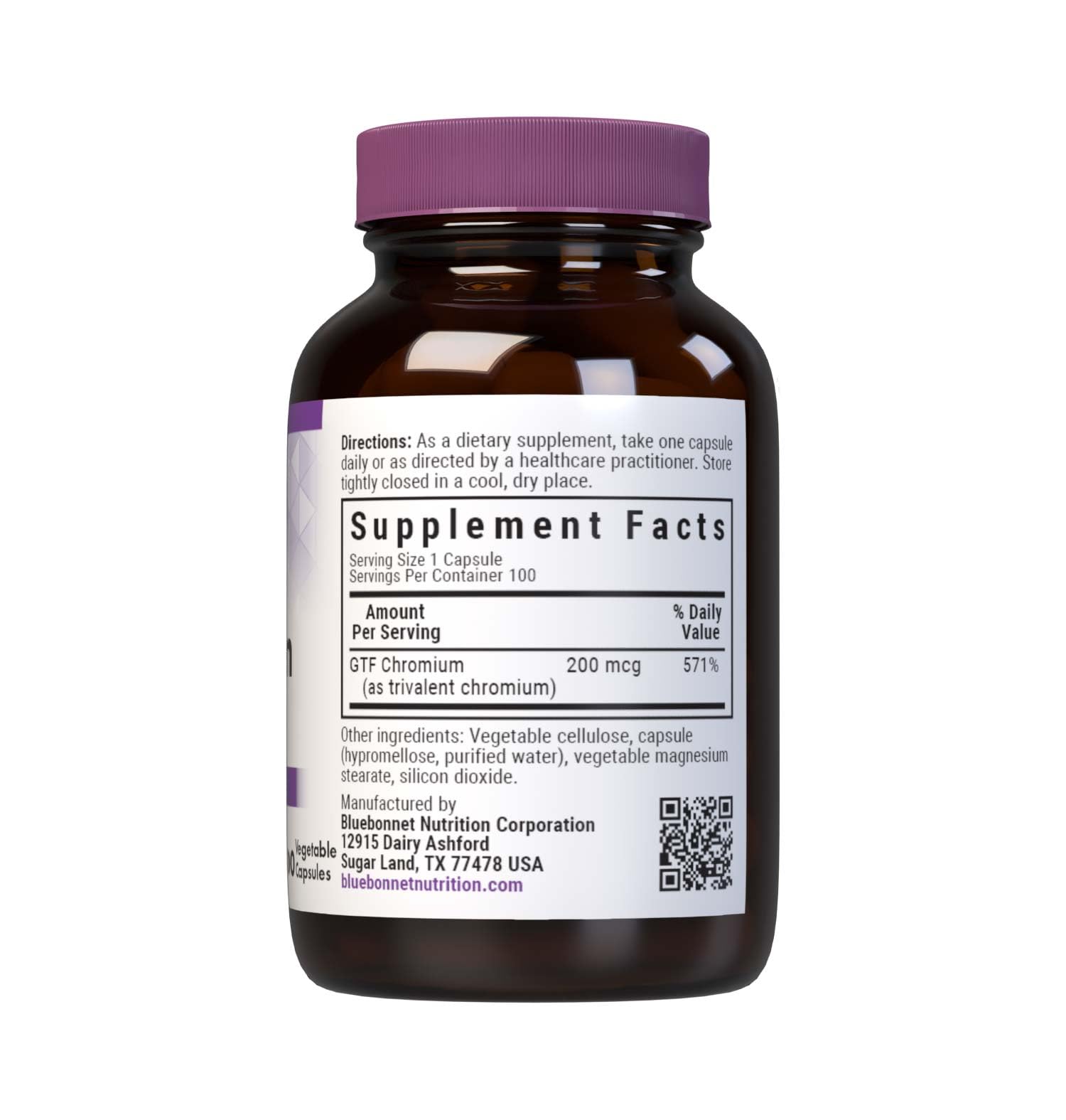 Chromium 200 mcg label highlighting vegan, gluten-free, non-GMO and kosher certifications
