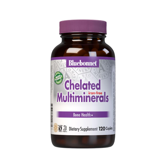 Front view of Bluebonnet Nutrition High Potency Chelated Multiminerals Iron-Free bottle
