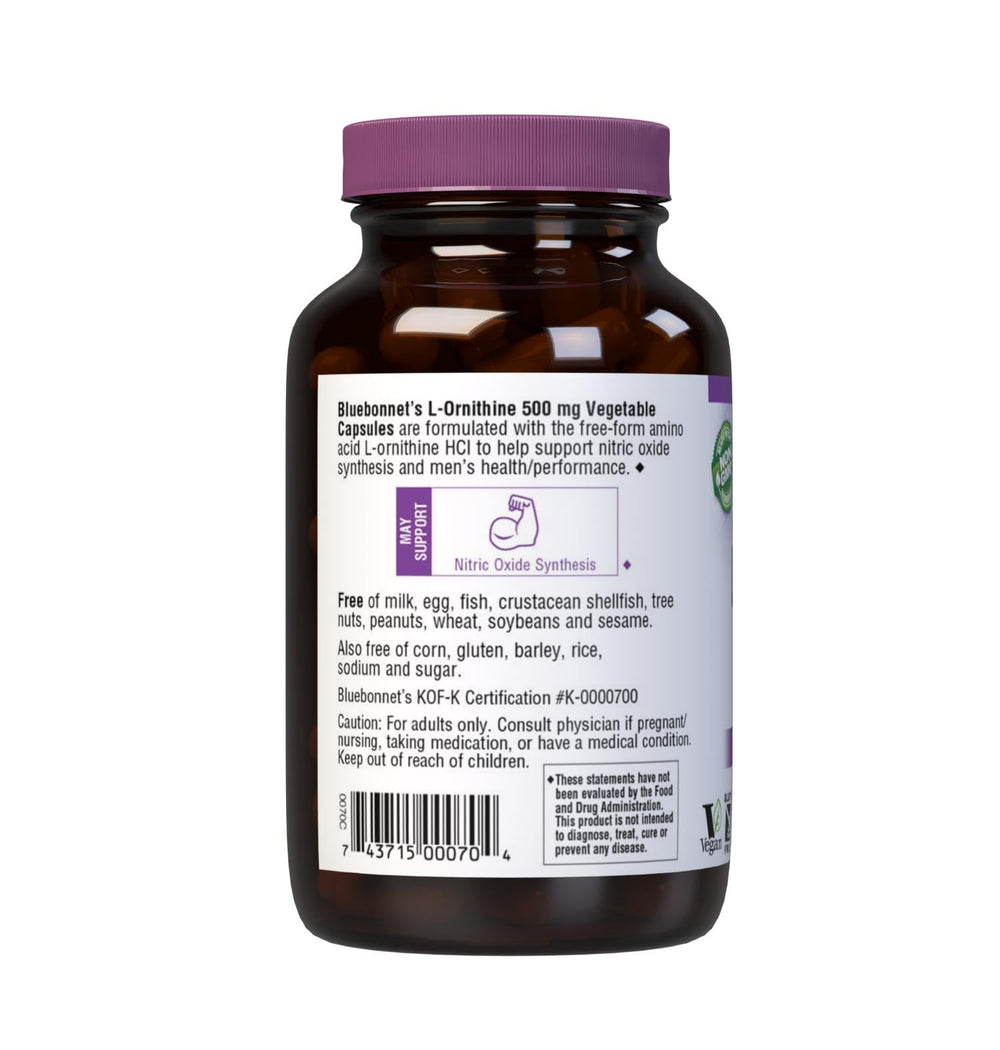 Label of Bluebonnet Nutrition L-Ornithine 500 mg bottle