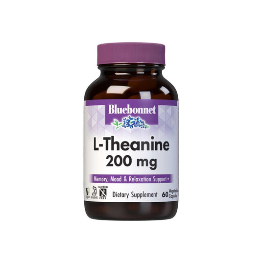 Bluebonnet Nutrition L-Theanine 200mg bottle with 60 vegetarian capsules