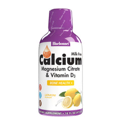 Front view of Bluebonnet Nutrition Liquid Calcium Citrate Magnesium Citrate Lemon 16 oz bottle