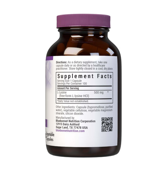 L-Lysine 500mg capsules for immune support; soy-free, gluten-free, vegan