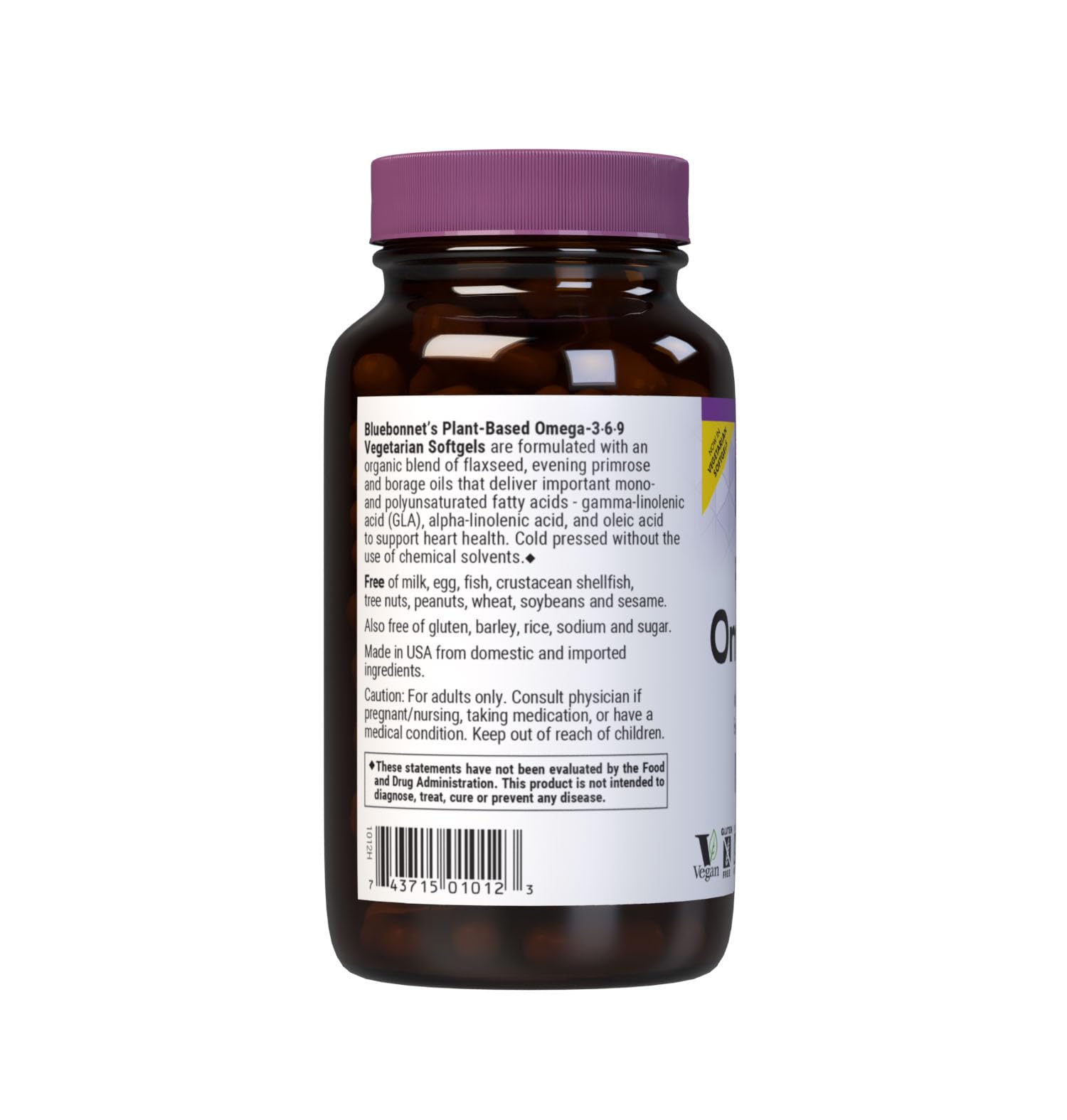 Nutrition facts panel for Bluebonnet Omega 3-6-9 Softgels