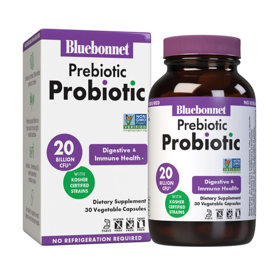 Bluebonnet Nutrition Prebiotic Probiotic bottle with label showing 20 Billion CFU