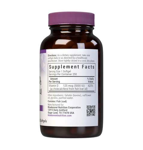 Close-up of Bluebonnet Vitamin D3 5000 IU softgels bottle