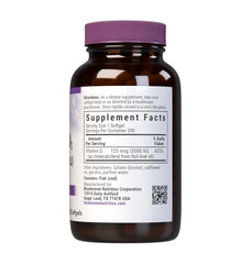 Close-up of Bluebonnet Vitamin D3 5000 IU softgels bottle