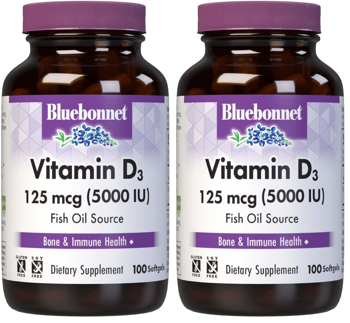 BlueBonnet Nutrition Vitamin D3 5000 IU Softgels 2-Pack Front View