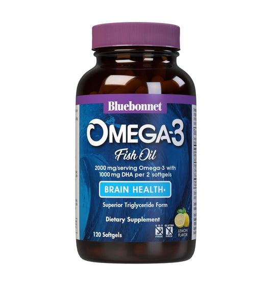 Front view of BlueBonnet Omega-3 Brain Formula lemon-flavored softgels bottle