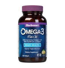 Front view of BlueBonnet Omega-3 Brain Formula lemon-flavored softgels bottle