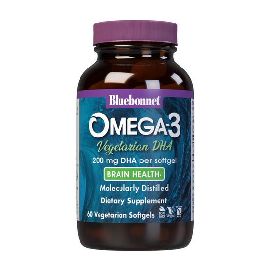 BlueBonnet Omega-3 DHA Vegetarian Softgels bottle with 200 mg DHA label