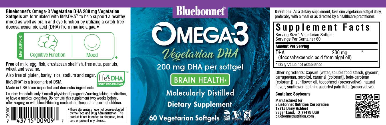 Close-up of algal oil DHA softgels showing 200 mg DHA per serving