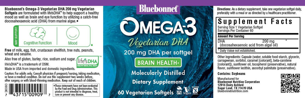 Close-up of algal oil DHA softgels showing 200 mg DHA per serving
