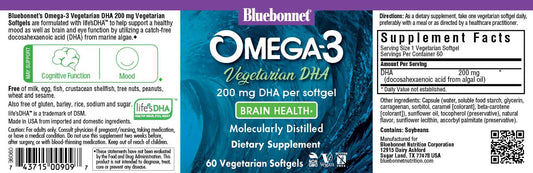 Close-up of algal oil DHA softgels showing 200 mg DHA per serving