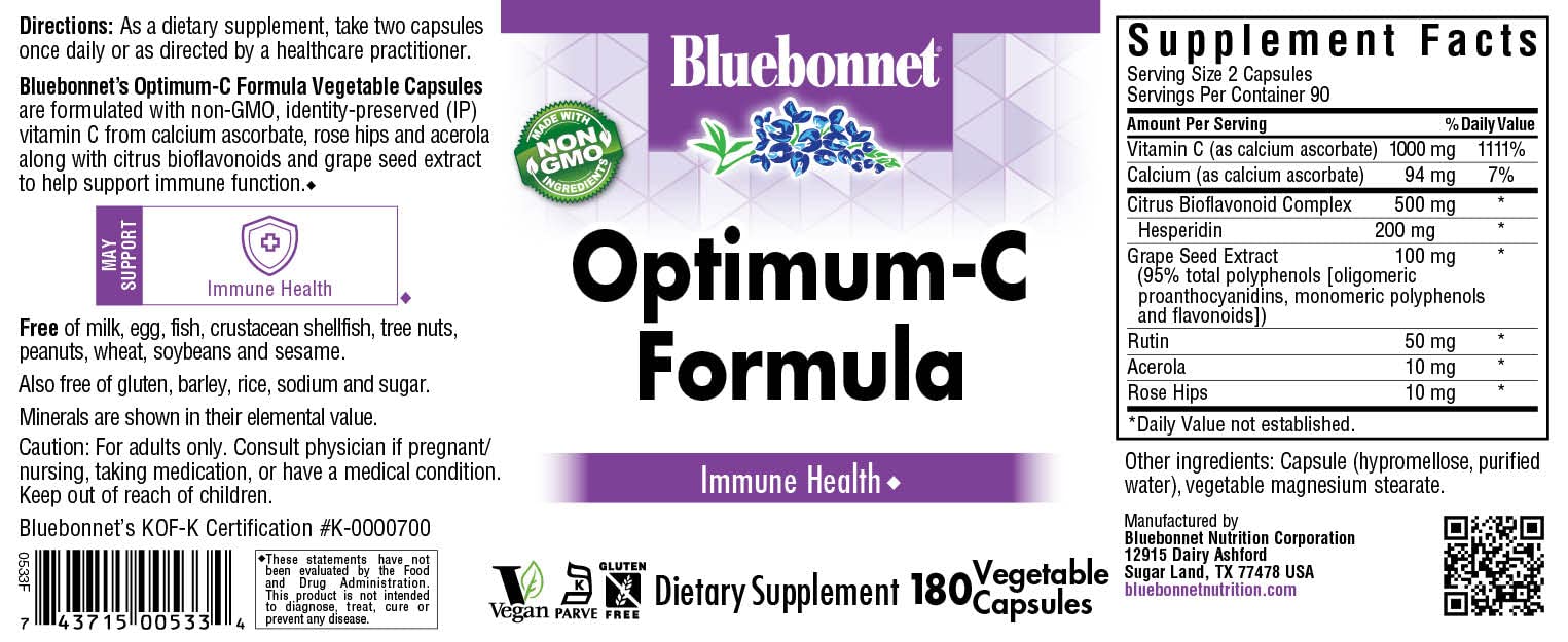 Close-up of BlueBonnet Optimum-C Formula Capsules showing label and ingredients
