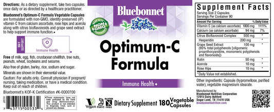 Close-up of BlueBonnet Optimum-C Formula Capsules showing label and ingredients