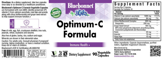 Close up of BlueBonnet Optimum C Formula bottle label showing 90 capsules