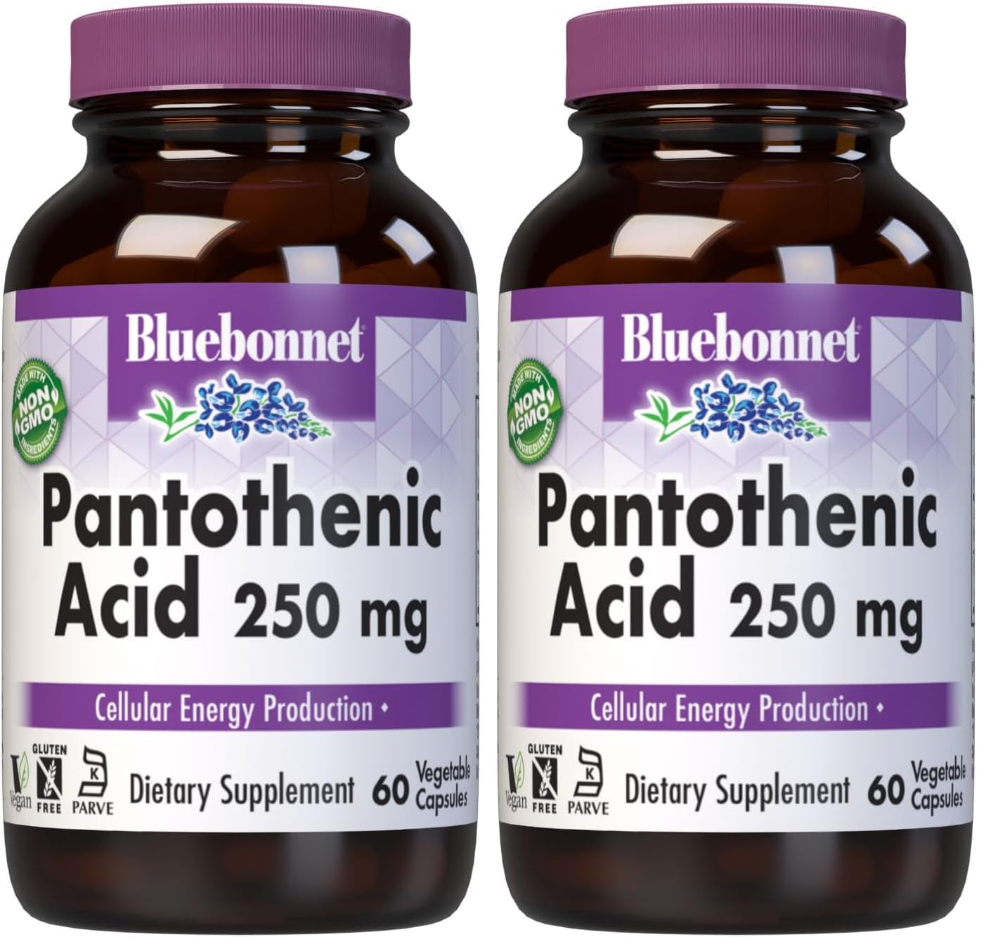 BlueBonnet Pantothenic Acid 250 mg bottle label close-up