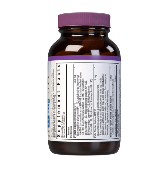 Close-up of Bluebonnet probiotic bottle and label showing 30 servings