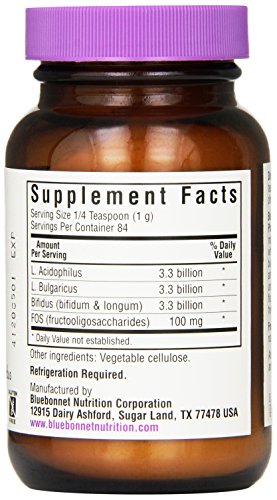 Serving scoop of BlueBonnet Acidophilus Plus FOS probiotic powder