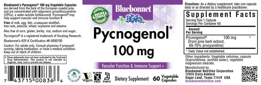 Close-up of Pycnogenol 100 mg pine bark extract capsules and bottle label showing 60 servings