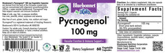 Close-up of Pycnogenol 100 mg pine bark extract capsules and bottle label showing 60 servings