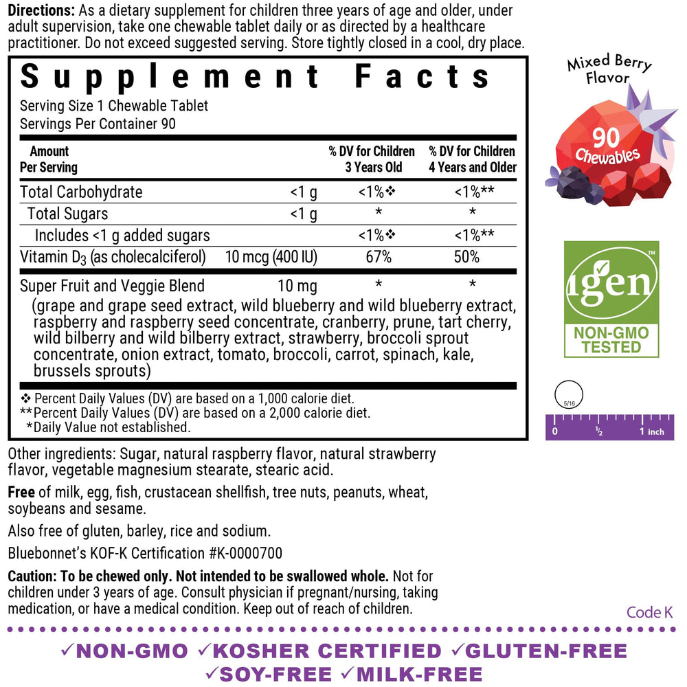 Ingredients list showing vitamin D3 from lanolin and a base of super fruits and vegetables