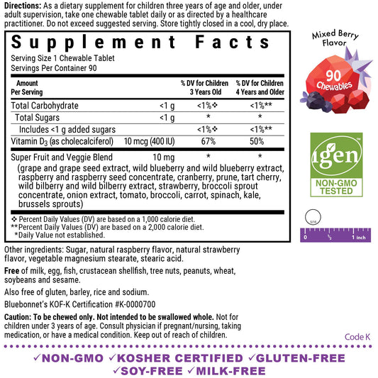 Ingredients list showing vitamin D3 from lanolin and a base of super fruits and vegetables